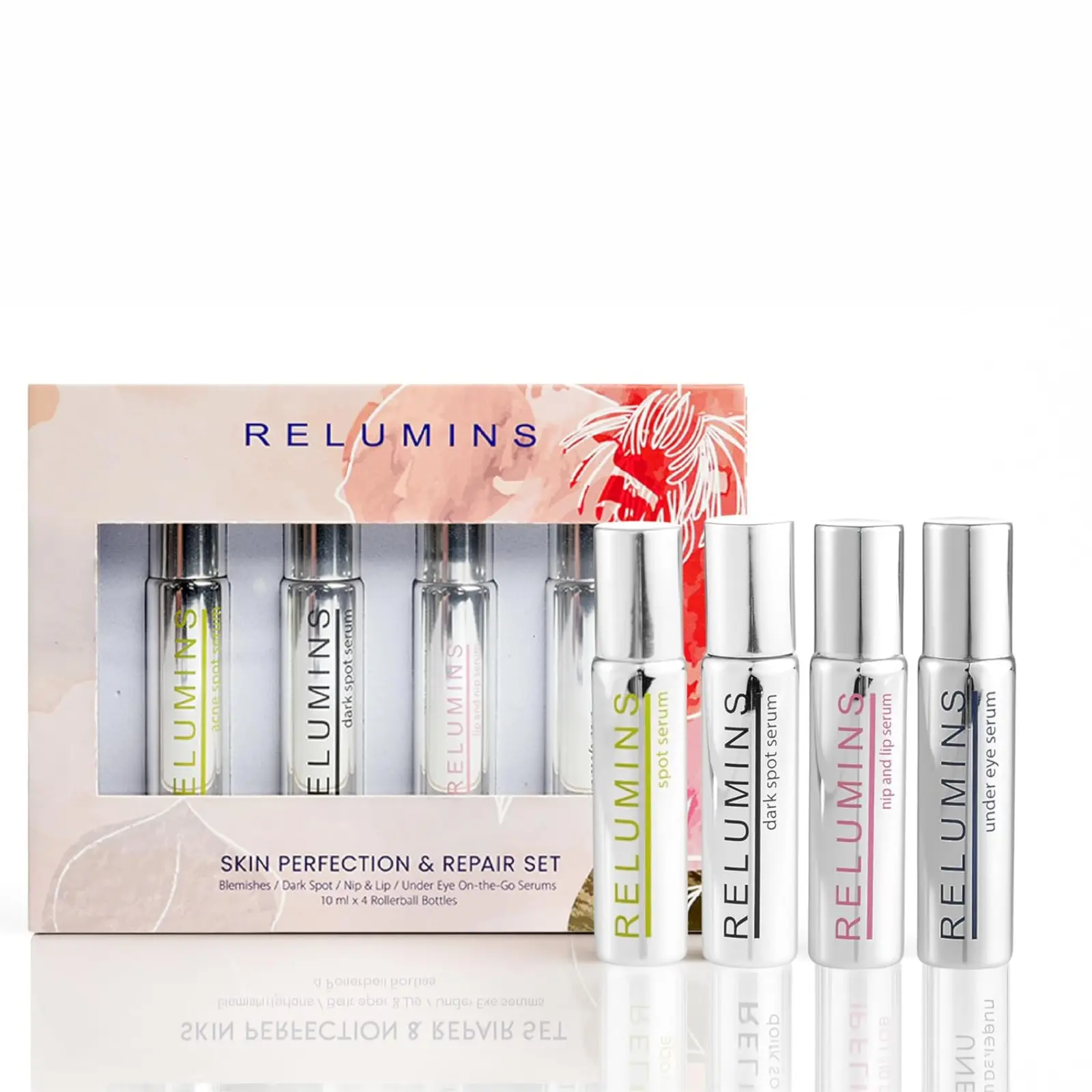 Relumins Advance White On-the-Go Rollerball Serum Set, 4-Piece Face, Eye, Lip & Skin Care Kit - Hydrating, Nourishing, Radiance-Boosting with Natural Botanical Ingredients, Summer Glow Skin