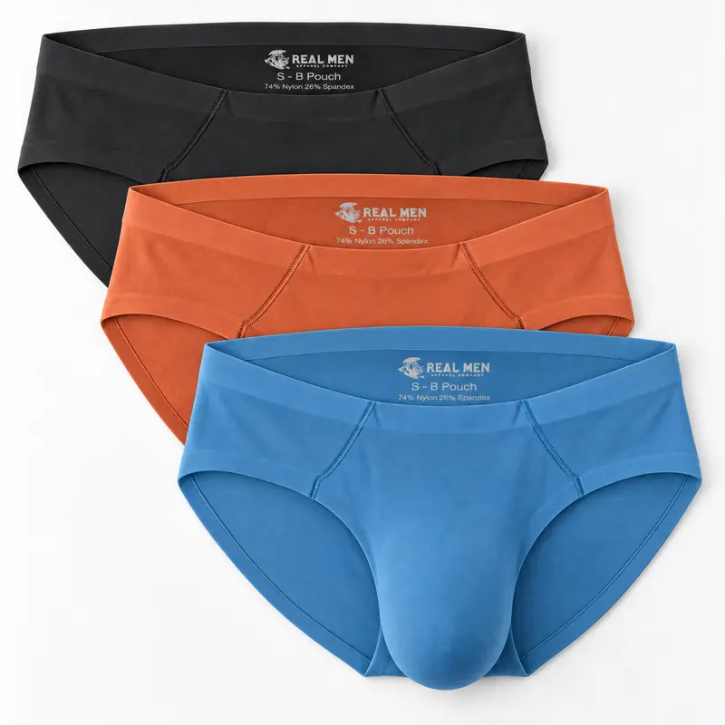 Men's Seamless Nylon 0in Briefs, No Fly, 3-Pack (Black/Night Fall/Red Stone)