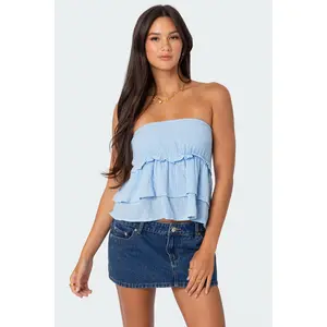 Linen Look Strapless Peplum Top
