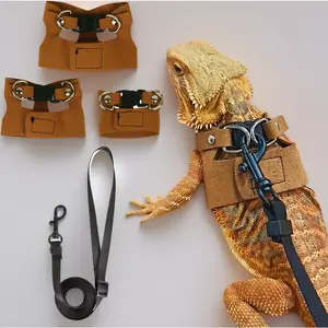 Bearded Dragon Harness and Leash Set - 3 Sizes Pack Adjustable Lizard Vest, Escape-Proof Reptile Walking Gear for Juvenile to Adult Dragons (Brown)