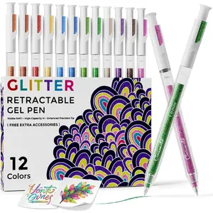 12 Colors Retractable Glitter Gel Pens, Colored Gel Pens, Drawing Pens with 2 g Large Capacity Glitter Ink For Artists Adult Coloring Books Drawing Journaling Doodling Writing