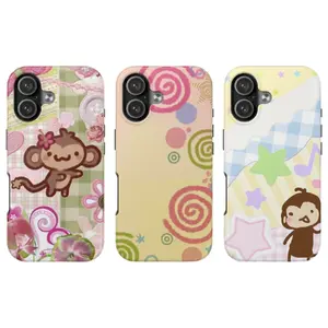 Whimsical Monkey Phone Case – Aesthetic Y2K Retro Cartoon Cover with Pink Spirals, Stars & Pastel Plaid Pattern for iPhone 17 16 15 14 13 12 11 Pro Max X XS & Samsung Galaxy S21–S26 Plus Ultra | Cute Kidcore Gift