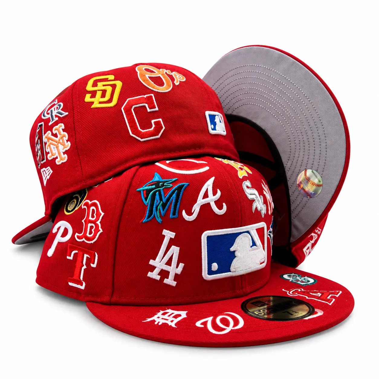 MLB Logo Scramble 59FIFTY Fitted Hat – RED All-Over Embroidered Baseball Cap
