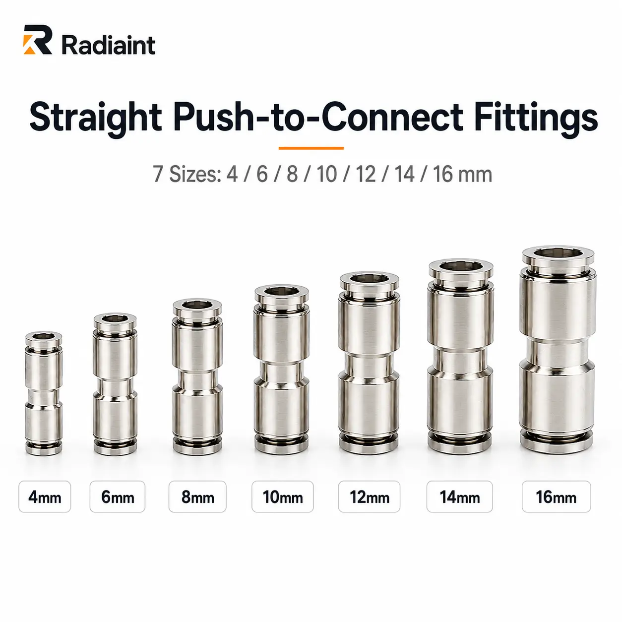 Radiaint Pneumatic Push-to-Connect Fittings Set, 4mm-16mm Straight Union Air Line Connectors, Quick Release Nickel-Plated Brass Tube Fittings for PU, PE and Nylon Tubing, 7 Sizes Assortment