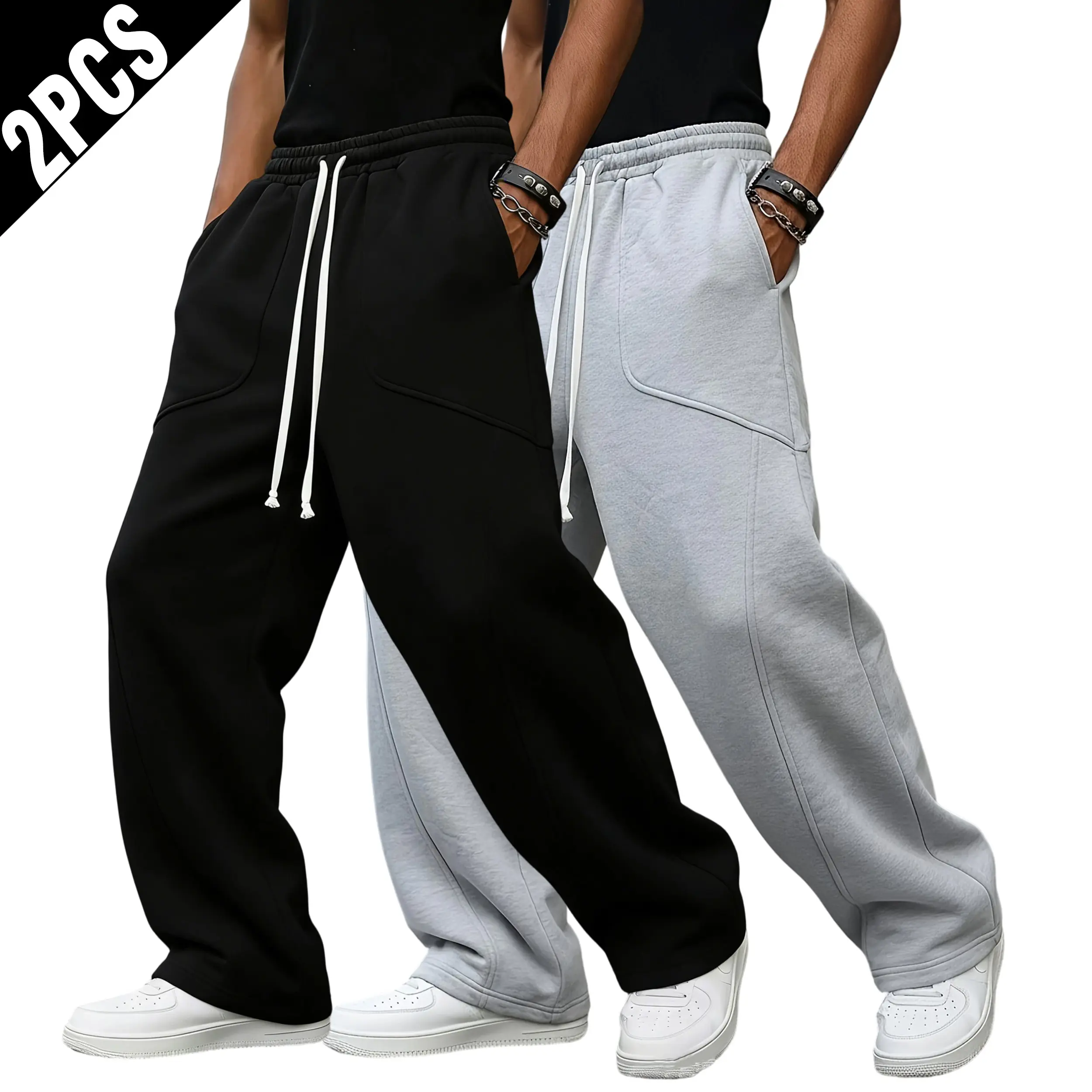 Men's Curved Seam Pocket Loose-Fit Wide-Leg Sweatpants - White, Drawstring Elastic Waist, Soft Knit Streetwear, All Seasons Below the Ankle Male Casual Athletic Trousers for Lightweight Workout, Sporty Chic, Lightweight Drawstring Men's Pants, Elastic Dra