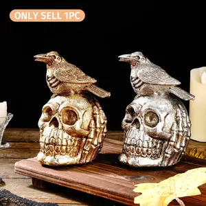 Halloween Halloween Imitation Terrifying Human Skull Sculpture, Modern Creative Resin Crow Perch Skull Decoration, Gothic Style Home Decor