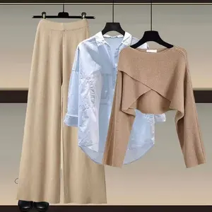 2025 Autumn Winter New Knitted Sweater Shirt Wide-Leg Pants Three-Piece Set Women Plus Size Slim Fit Women's Clothing