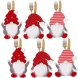 Christmas Themed Cutlery Holder, 6 Counts/set Cute Dwarf Design Cutlery Fork Spoon Knife Storage Bag, Table Decoration for Home Kitchen Dining Room, Ornaments Decor
