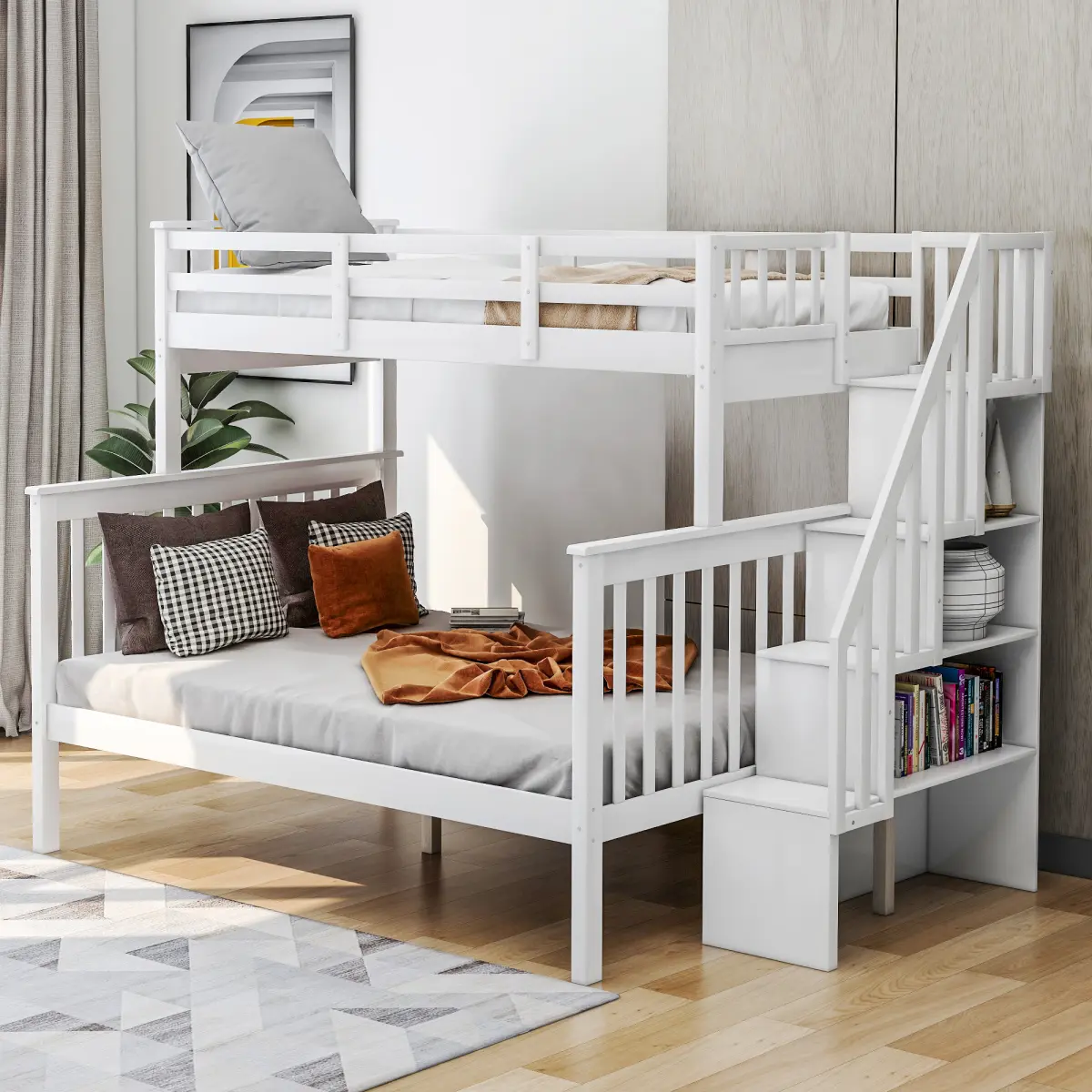 White Twin-Over-Full Stairway Bunk Bed with Storage Steps, 4 Compartments, Guard Rail for Bedroom (OLD SKU: LT000019AAK), Four Compartments