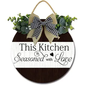 Round Wooden Sign with Bow, 1 Count Kitchen Love Letter Pattern Wall Decor, Wall Art Hanging Decor for Home Kitchen, Home Bundles, Teenage Gift, Home Decor Products