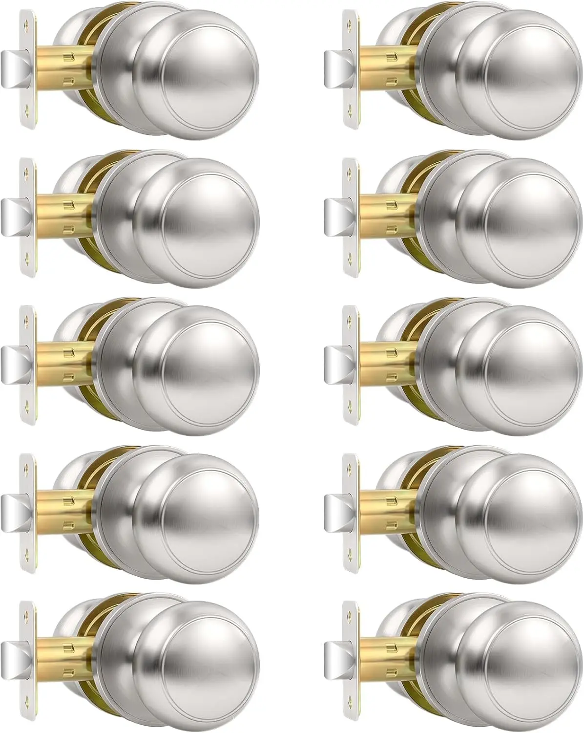 10 Pack Brushed Nickel Door Knob, Round Interior Door Knobs for Hallway Closet, Non-Locking Passage Door Knobs, Keyless Door Handles for Left/Right Handle Doors