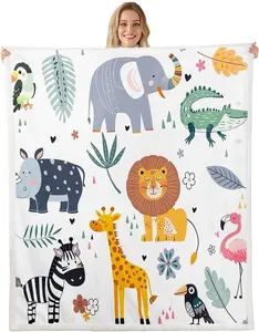 Zoo Animal Sherpa Blanket,Cute Wild Animals Fleece Throw Blanket,Cartoon Safari Wild Print Exotic Natural Plush Blanket for Bedroom Decor