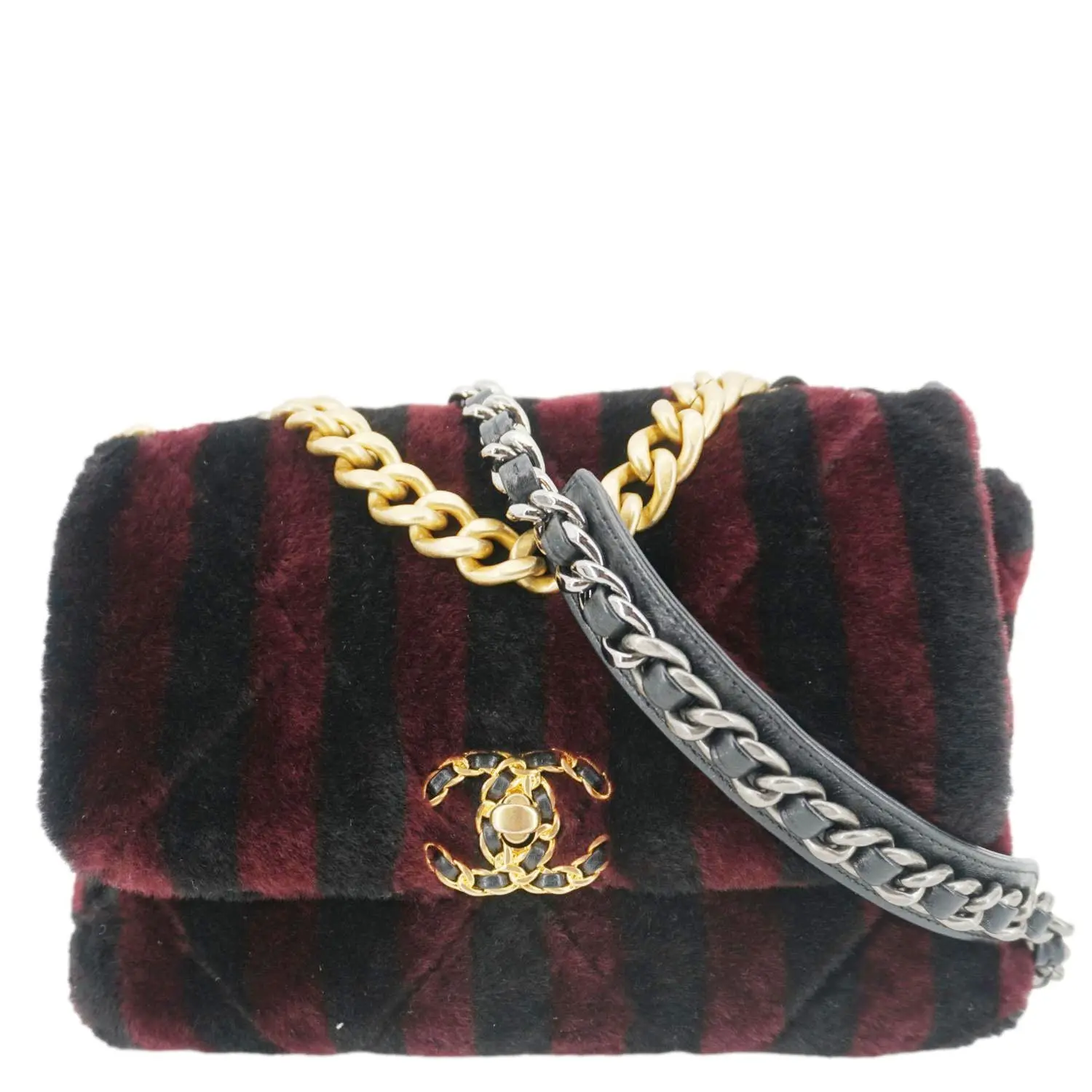 Pre-owned CHANEL Striped Shearling Shoulder Bags 19 Flap Medium Shoulder Bag Black