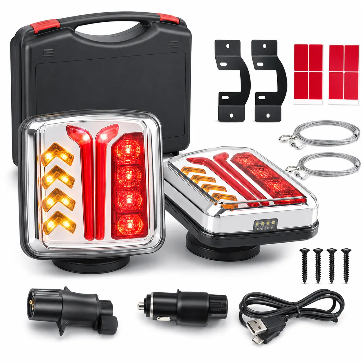 Automotive Rear Light Assembly Kit - Red and Yellow LED Car Tail Lights with Mounting Brackets, Screws, Cables for Easy Installation