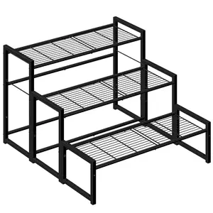 3 Tier Metal Plant Stand Outdoor Indoor Waterproof, Stackable Heavy Duty Tall Plant Shelf Flower Pot Holder for Garden, Display Rack, Black