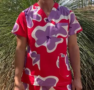Pink Purple Floral Scrub Top – Unisex V Neck Nursing Medical Uniform & Comfortable Healthcare Workwear