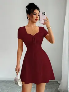 New Summer Multicolor Knit Fringe Dress, Elegant Chic Fitted Plain Pattern, Sexy Butterfly Knot Tie, Slimming Short Dress for Women