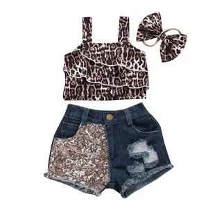 Toddler Baby Girls Denim Shorts Outfit Ruffles Sleeveless Leopard Crop Tops Sequin Patchwork Ripped Denim Jeans Shorts with Headband