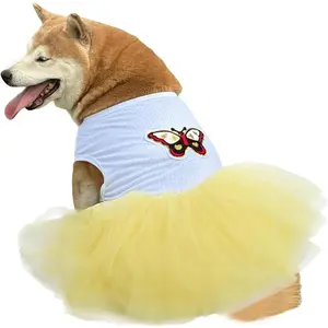Dog Princess Dresses for Large Dogs Girls Sleeveless Pullover Wedding Birthday Tutu Dress with Butterfly Embroidered Summer Breathable Big Breed Female Dog Clothes(Yellow,2XL)