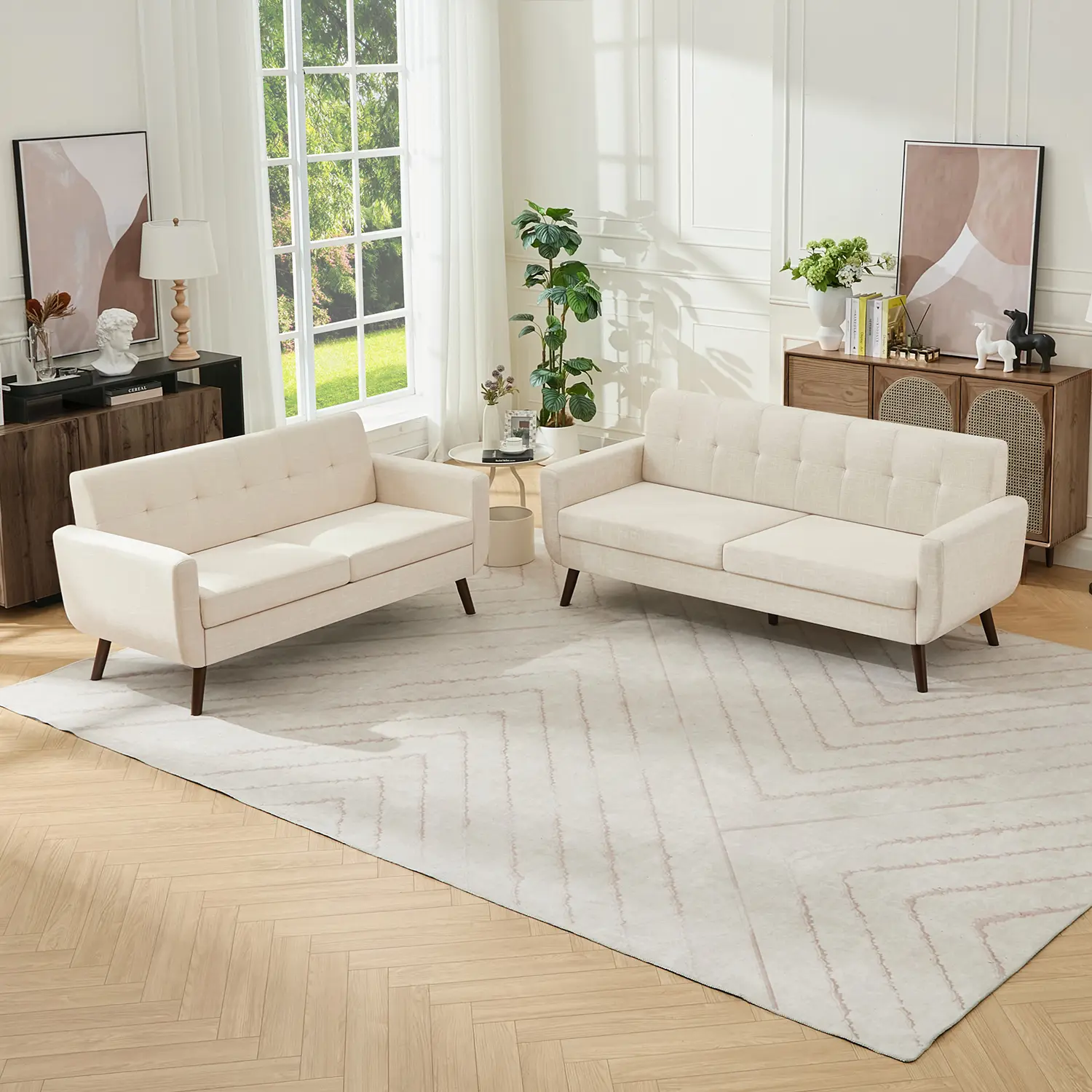 Tbfit Mid Century 2-Piece Beige Tufted Linen Sofa Set - Loveseat & Standard Double-Cushioned Cushion, 4-Leg Durability Sofa for Living Room, 2-Piece Sofa Sets, Cushion Sofa Sets, DealsforYouDays