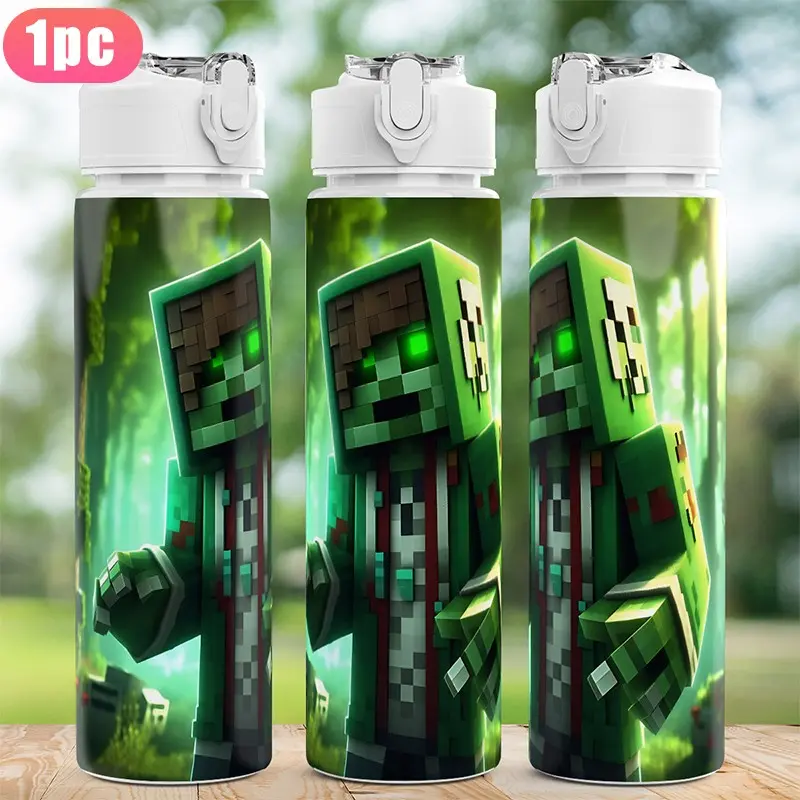1pc pixel cartoon character plastic water bottle, printed design, plastic sports water bottle, Gym Bottle, flip-top, Traveler water bottle, reusable 25oz 750ml plastic water cup, lightweight leak-proof travel beverage bottle/drinking cup for running