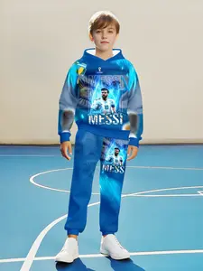 Boys Ronaldo Messi Argentina Athletic Hoodie Sweatpants Set, World Cup Champions Highlight, Casual Fitted Sweatshirt, Fall & Winter Fashion