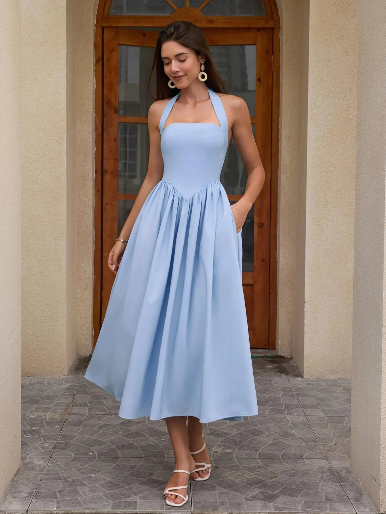 Women's Elegant Minimalist A-Line Sleeveless Dress with Pockets, Lady  Slim-Fitting Casual Long Gown, Plain Design for Daily Wear, Stylish  Backless Neckline, Everyday Womenswear