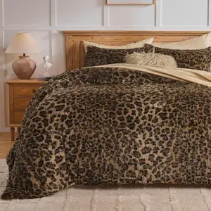 Print  Faux  Comforter Set Brown  Print  Size Bedding Set 3 count Soft Plush Shaggy Fuzzy Bed Set with Comforter and 2 Pillow Shams