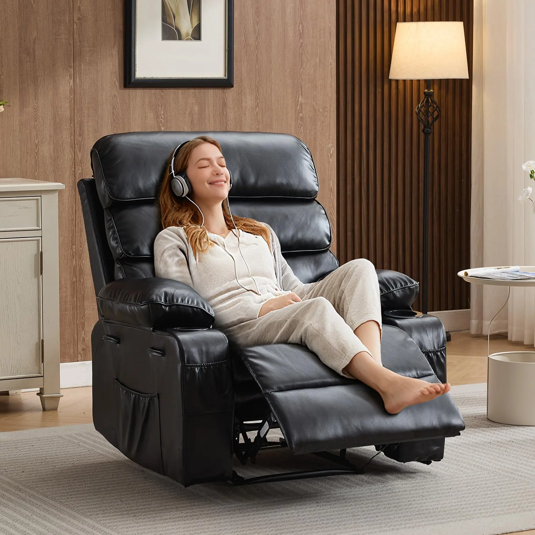 Black PU Leather Extra-Wide Manual Lay Flat Recliner Armchair for Adults - 1.5X Sponge Comfort Arms & Back, Therapeutic Lumbar Heat, Massage Function, Cup Holder, Power Headrest, Sturdy Construction & Certified Materials for Living Room, Large, Unwinding,