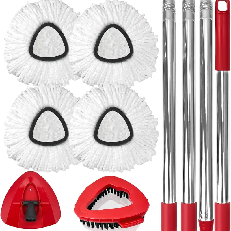 Spin Mop Replacement Set for O-Ceda EasyWring 1-Tank System, Includes 2 Mop Head Replacement, 1 Spin Base, 1 Scrubber Head, 1 Mop Handle (30-58in Adjustable 4-Section Pole)