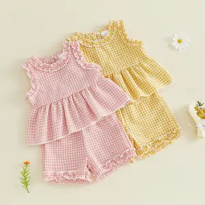 Imcute Toddler Baby Girl Summer Outfits Set Plaid Ruffled Trim Loose Hem Sleeveless Tank Tops and Shorts 2Pcs Clothes Set