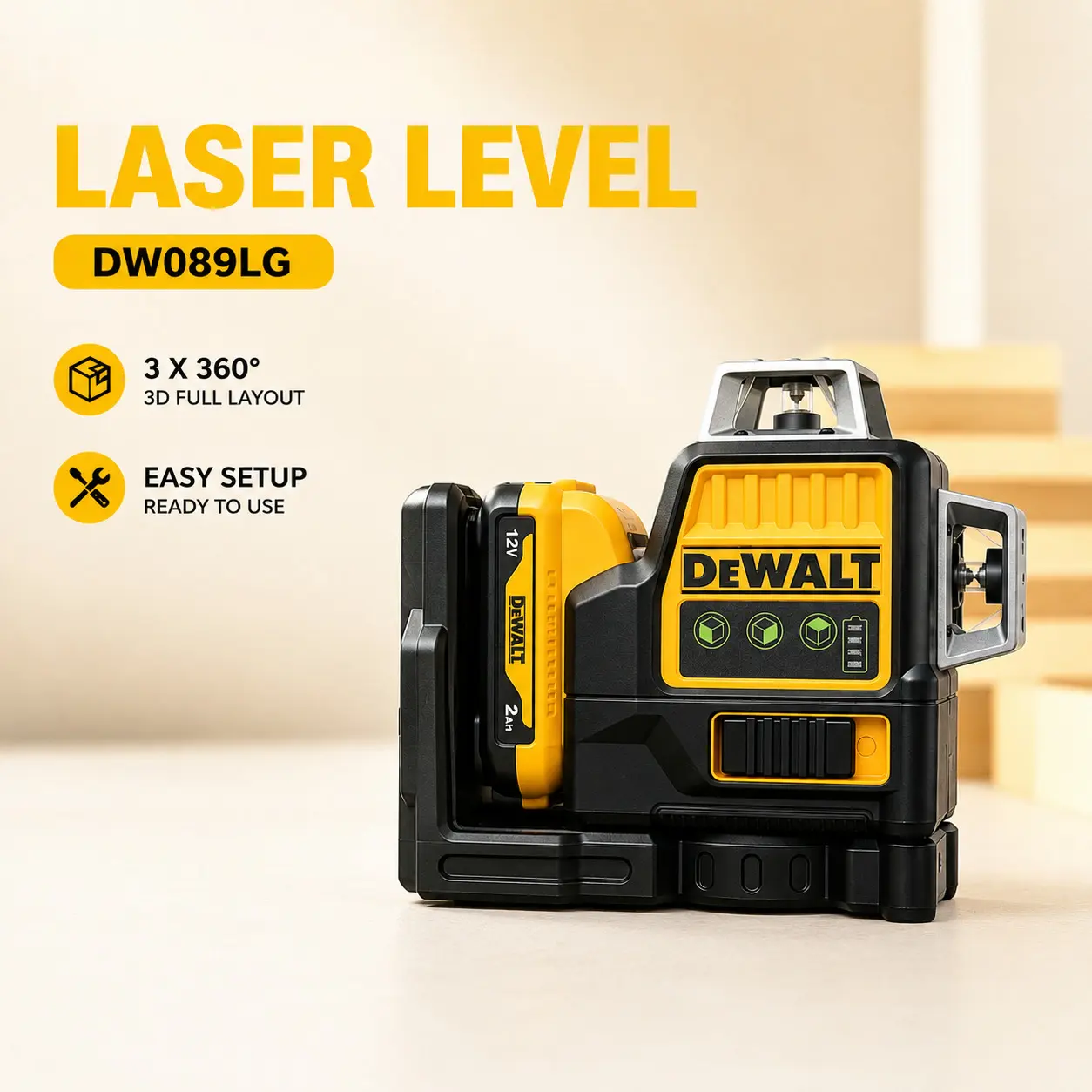 DEWALT DW089LG Laser Level, 3-Side 12-Line Green Light Tool with 360° Coverage, Accurate Horizontal and Vertical Measurements, Enhanced Visibility for Outdoors