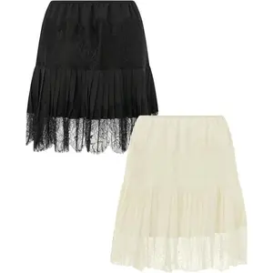 2 pieces of women's retro dresses, lace camisole skirts, pleated flower lace layered short mini underwear, women's bottoms, black and beige, well fitting, basically cute