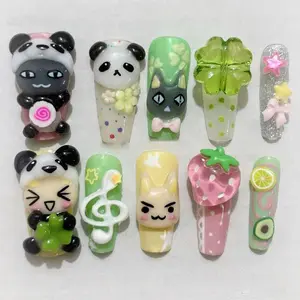 T7 Lynn Lucky Bear Press-On Nails, 3D Bear & Cat Charms, Clover, Strawberry & Citrus Art, Custom Press-On Nail, Playful Pastel Gift for Her