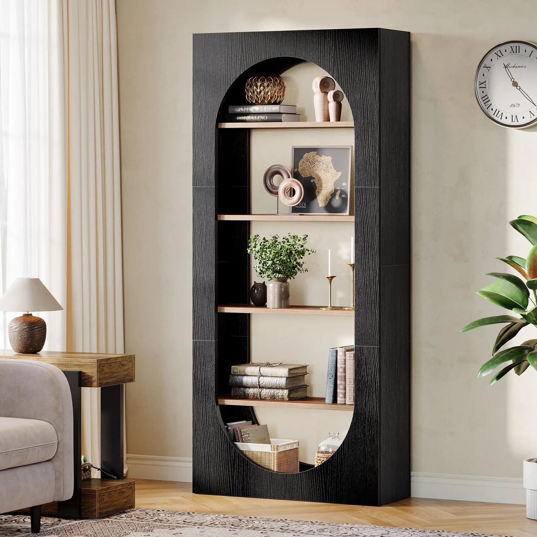 Tribesigns Black 5-Tier Bookshelf for Living Room and Office, 70.87-Inch Tall Arch Bookcase with Storage