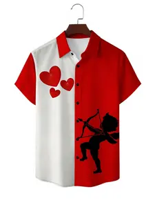 Valentine's Day Couple Shirt Men, 3D Love Pattern Graphics Short Sleeve Fitted Cut Printed Shirt, Fashion Casual Top, Menswear, Perfect Gift for Holidays