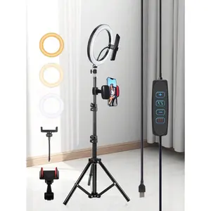10 Inch LED Ring Light with 43 Inch Tripod 2 Phone Clips for Makeup Video Recording Party Live Streaming Adjustable Dimming Knob Control USB Power Supply Universal Gimbal Alloy Selfie Connection Aluminium Black Smartphone Light