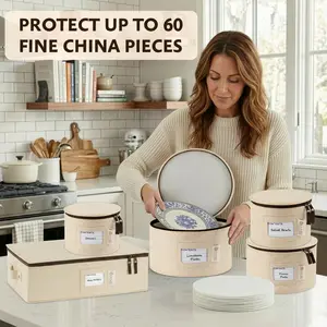 Hard Shell China Storage Containers 5-Piece Set Moving Boxes for Dinnerware, Glasses, Plates, Mugs and Saucers Sturdy Dish Organizer with Dividers for Seasonal Storage - Service for 12