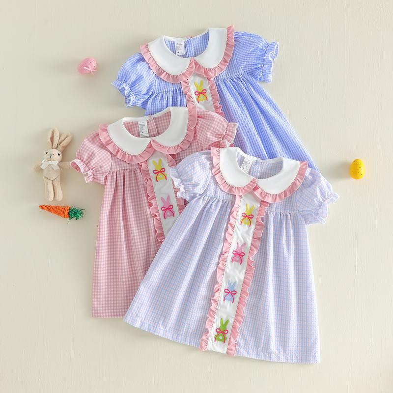 Emmababy Kids Baby Girls Dress Easter Clothes Rabbit Embroidered Plaid Short Sleeve Casual Dress Toddler Princess Dress 1-6 Years