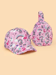 2PCS Girls' Unicorn Heart Flamingo Print Baseball Cap & Matching Chest Bag Set, Sweet Stylish Sun Hat with Portable Storage Bag, Suitable for Daily Outings Travel Picnic, Ideal Birthday Gift for Daughter & Granddaughter