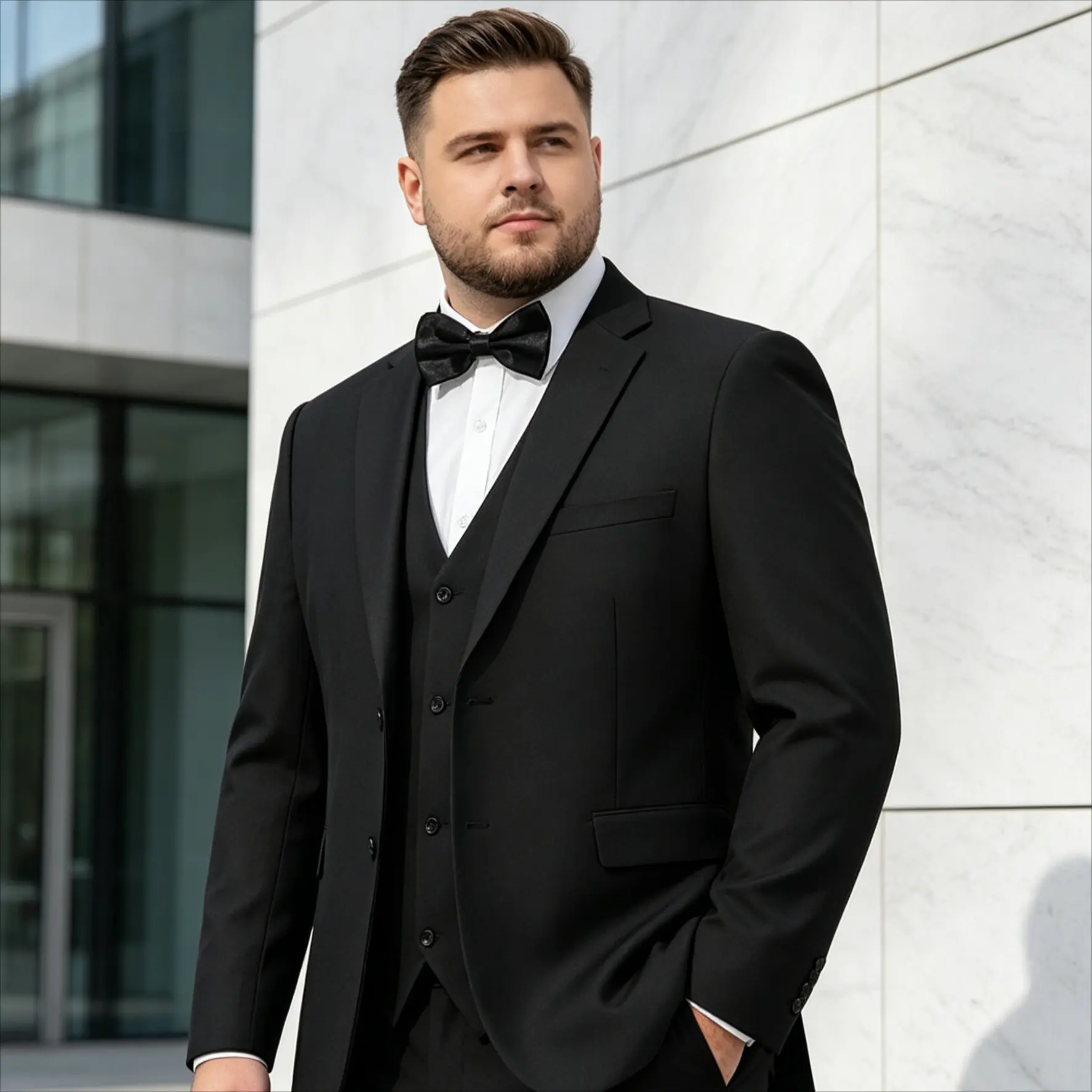 Men's Classic 3-Piece Tuxedo Suit, Gentleman Style Formal Wear for Big & Tall Men in Black Polyester Fabric with Satin Lapel, Menswear, Vest, Men's Outfit Sets
