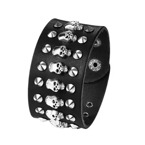 OIDEA Wide Leather Cuff Bracelet for Men, Punk Skull Studded Adjustable Wrap Bracelet, Gothic Biker Rocker Wristband Gift