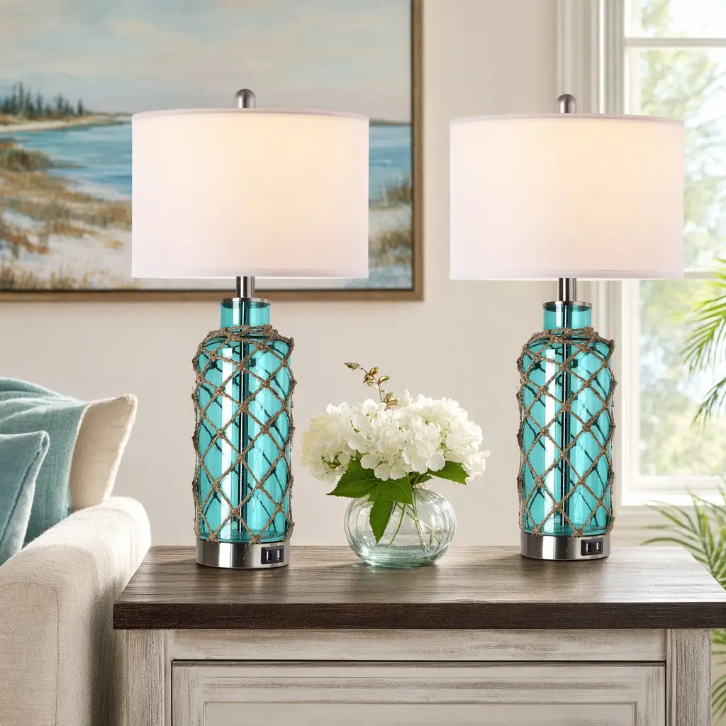 Cottage Nautical Table Lamp Set of 2, Touch Control Coastal Blue Green Glass Rope Net Bedside Nightstand Desk Lamp with 2 USB Ports, 3-Way Dimmable, White Shade, 2 LED Bulbs Included, for Living Room Bedroom, Green Color Options