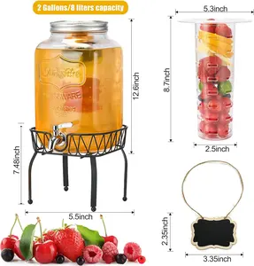 2 Gallon Glass Beverage Dispenser with Stand & Fruit Infuser, Stainless Steel Spigot - Glass Drink Dispensers for Parties, Drink Dispensers with Lids for Lemonade Sun Tea
