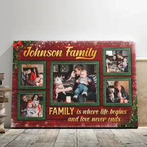 Family Christmas Personalized Prints – Custom Photo & Text Holiday Wall Art, Family Is Where Life Begins Theme, Cozy Christmas Style Decor, Sentimental Custom Gift For Home
