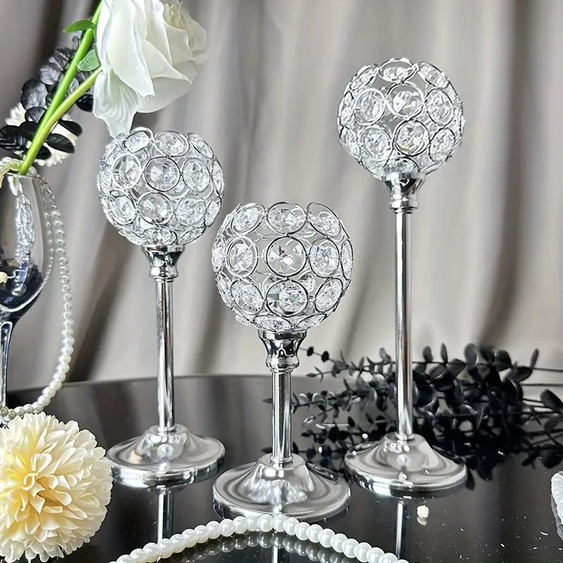 3-Piece Silvery Crystal Candlestick Set - Polished Silver/Golden Family Theme Tabletop Holders - For Wedding, Home Decor - Elegant Centerpieces, Party Accessories, House Ornament Gifts (Candles Not Included), 3 Piece Set Silvery