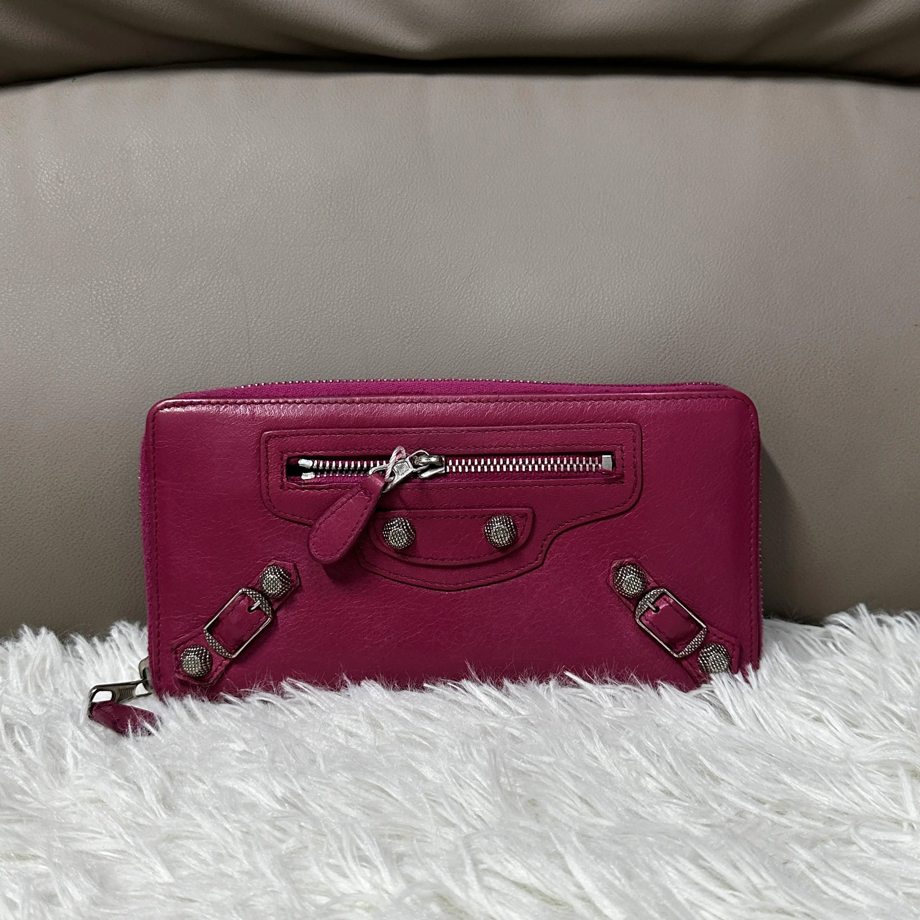 Pre-owned France Clutches & Wristlets balenciaga Pink Leather Biker Wallet (SZ H19668)