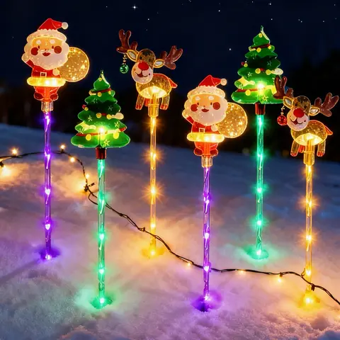 6-Pack Art Deco Solar-Powered Colorful Fairy Lights - Irregular Santa/Reindeer/Tree Designs, IP44 Waterproof Plastic, Durable, Safe, Outdoor Christmas Decor, Christmas Aesthetic, Mood Lighting, Lawn Garden Use (7-Day No Reason Return)