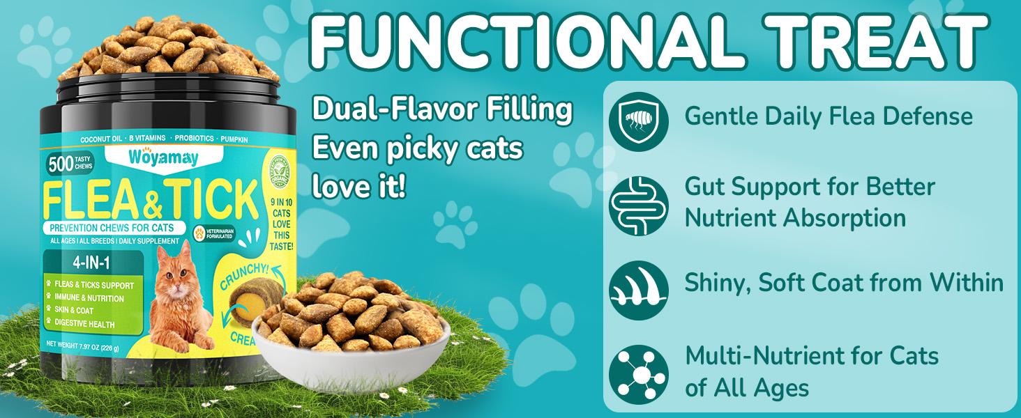Woyamay Cats Flea & Tick Prevention, 4-IN-1 500 Cat Flea Chewables Support Immune, Skin & Coat, Digestion & Gut Health with Omega-3, Multivitamin Supplement for Cats All Ages & Breeds- Chicken Flavor #DealsForYouDays #SummerWins