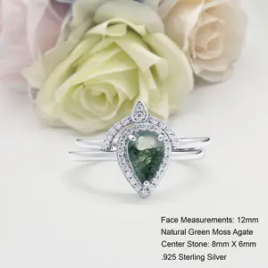 Two Piece Teardrop 1.25 Carat Natural Green Moss Agate Bridal Band Women Wedding Engagement Pear Shape Ring 925 Sterling Silver 12mm